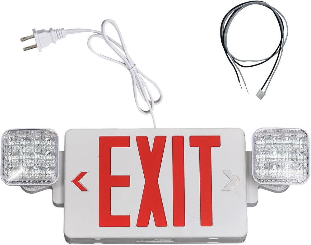 Red Exit Sign with Emergency Lights, 1.0 Meter Plug in Exit Sign with Battery Ba