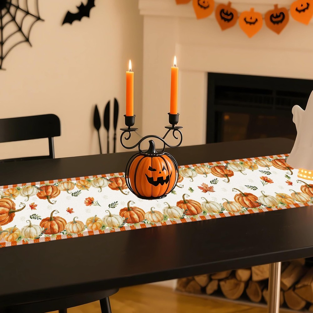 Pumpkin Fall Table Runner, Autumn Thanksgiving Pumpkin Kitchen Dining Table D...