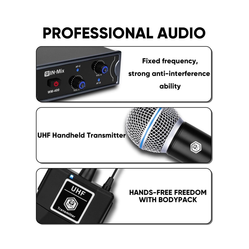 W IN-MIX UHF Wireless Mic System 4 Pack -Fixed Frequency 260ft with 4 Handhel...