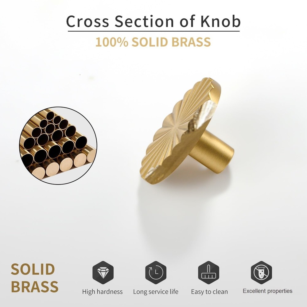 Solid Brass Cabinet Knobs 5 Pack – Brushed Gold Drawer Pulls for Kitchen,