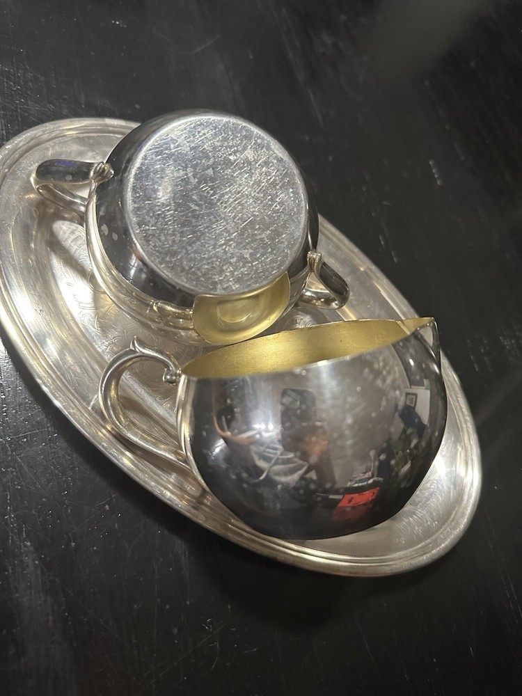 WM A. ROGERS Silverplate Creamer, Sugar Bowl & Tray Set Engraved Tableware