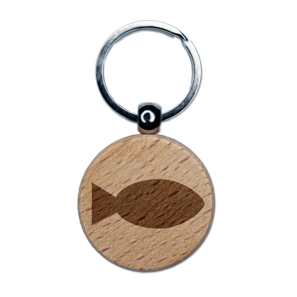 Fish Solid Engraved Wood Round Keychain Tag Charm