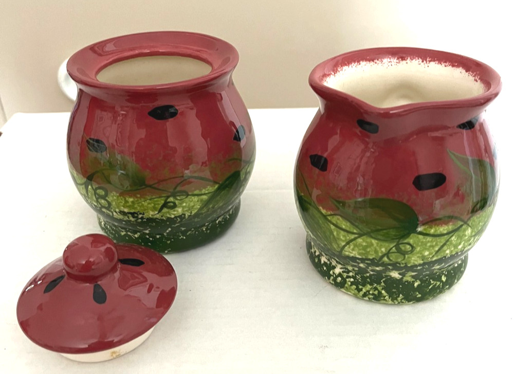 🍉VICKY WESLEY POTTERY WATERMELON CREAMER & SUGAR SET • SIGNED • NUMBERED • HTF