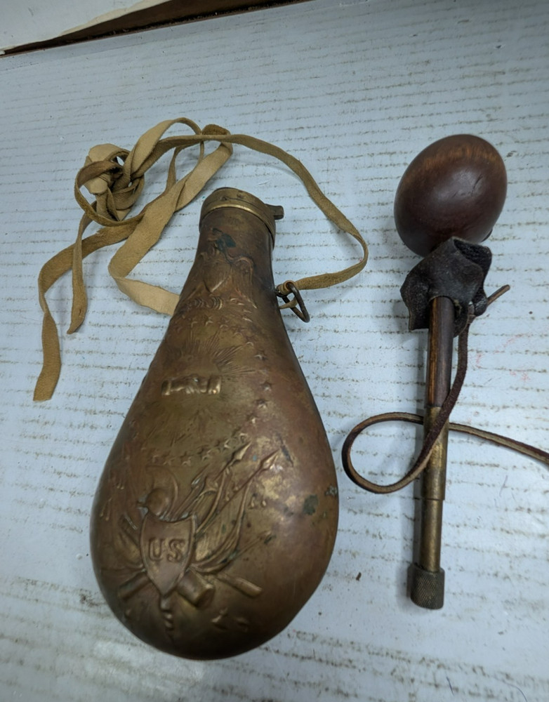 Antique Brass U. S. Powder Horn & Muzzleloader 7' Long