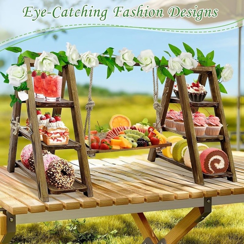 Foldable Solid Pine Dessert Stand Adjustable Ropes Events Catering Parties New
