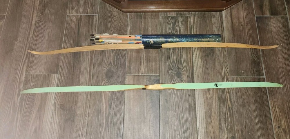 60" RECURVE BOW - BEAR - HUNTER 1953 Plus Unmarked 60" Reg Bow & Arrows Mid Cent
