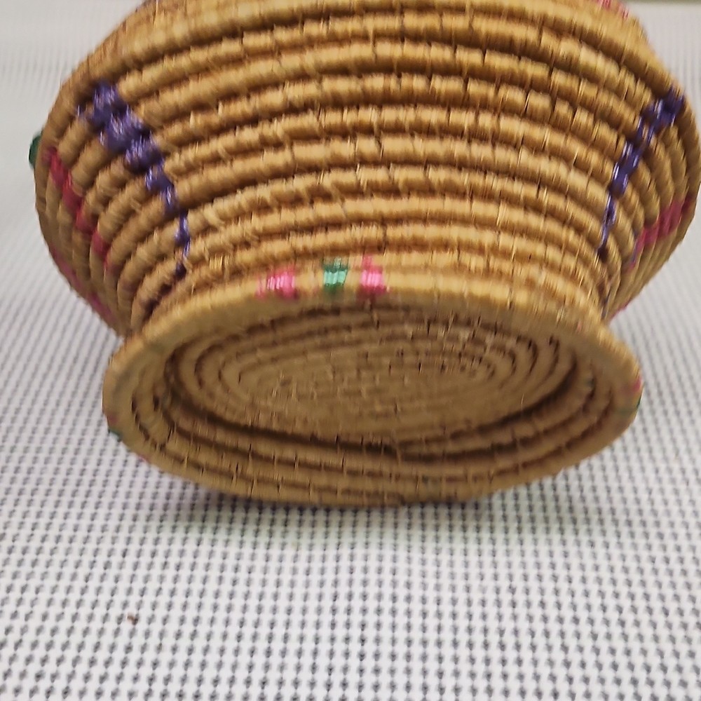 Small Ethnic Handmade Woven Storage Basket with Lid, Handle, Multicolor