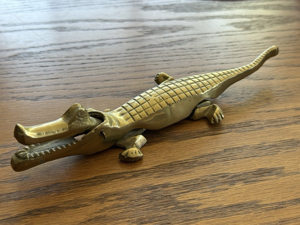 Vintage Solid Brass Alligator Crocodile Nutcracker MCM Figurine 10"