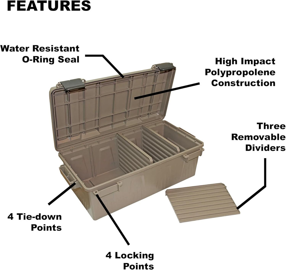 ACDC30, Divided Ammo Crate Utility Box, Water- Resistant, Stackable, Snap Latch,