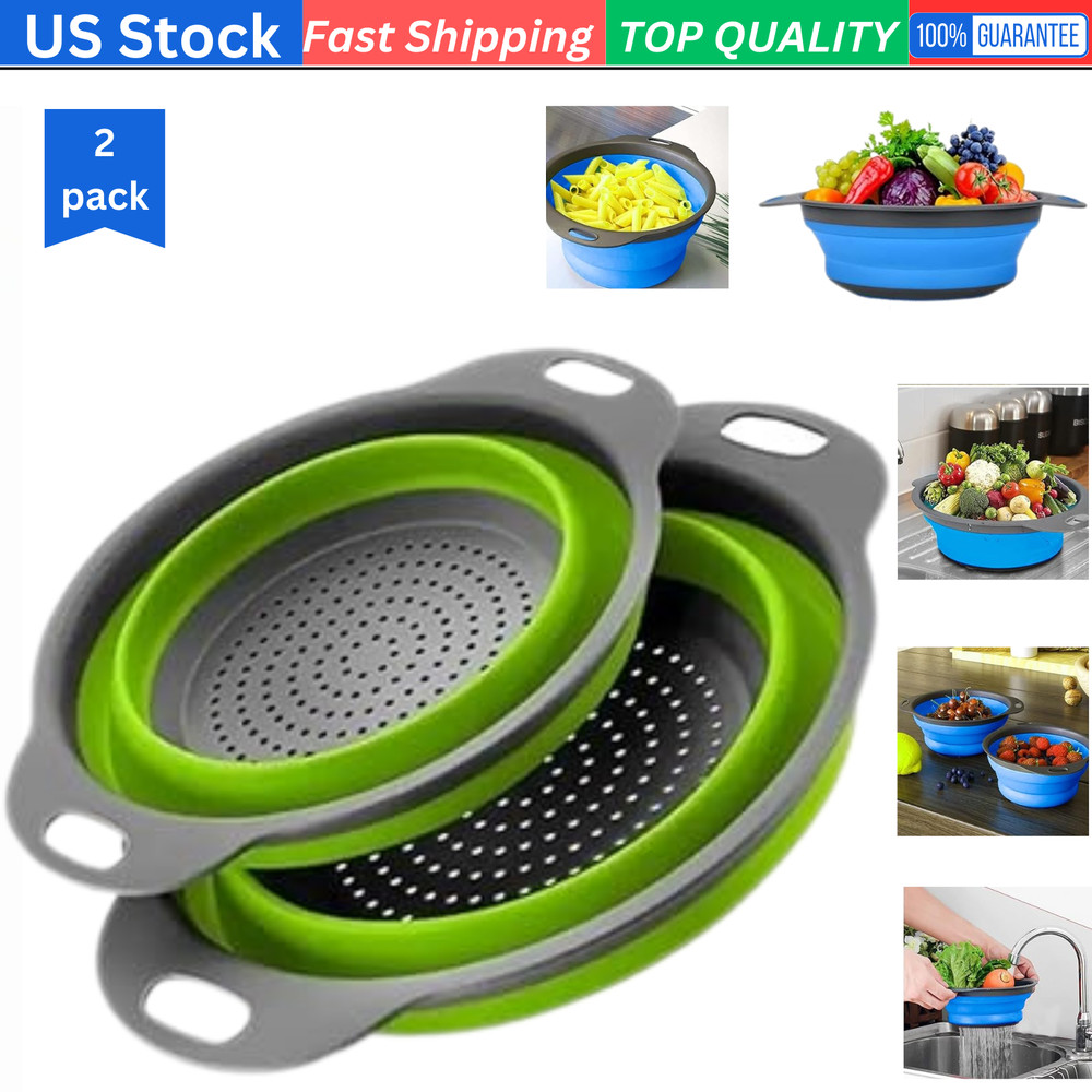 Collapsible Colanders, Space-Saving Food-Grade Silicone Strainers (Green)