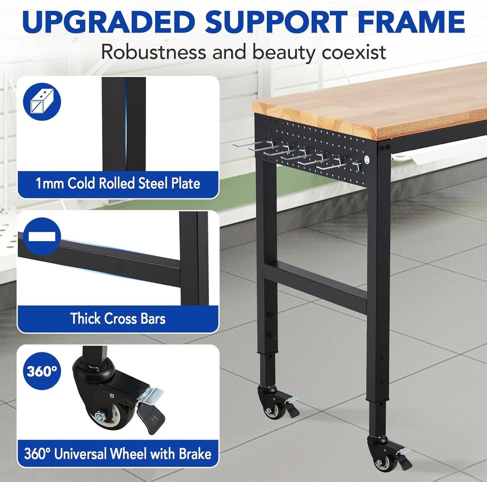 72x 25" Adjustable Work Bench Heavy Duty Work Table for Workshop Garage 2000 Lbs