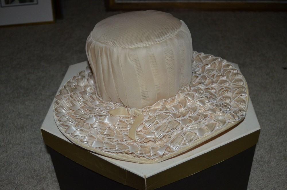Vintage! White & Champagne Ruffled Satin Hat - Halloween Costume