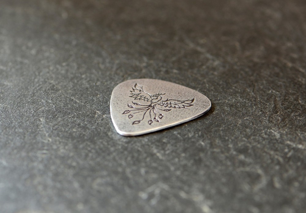Sterling silver guitar pick with Phoenix - playable - NicisPicks