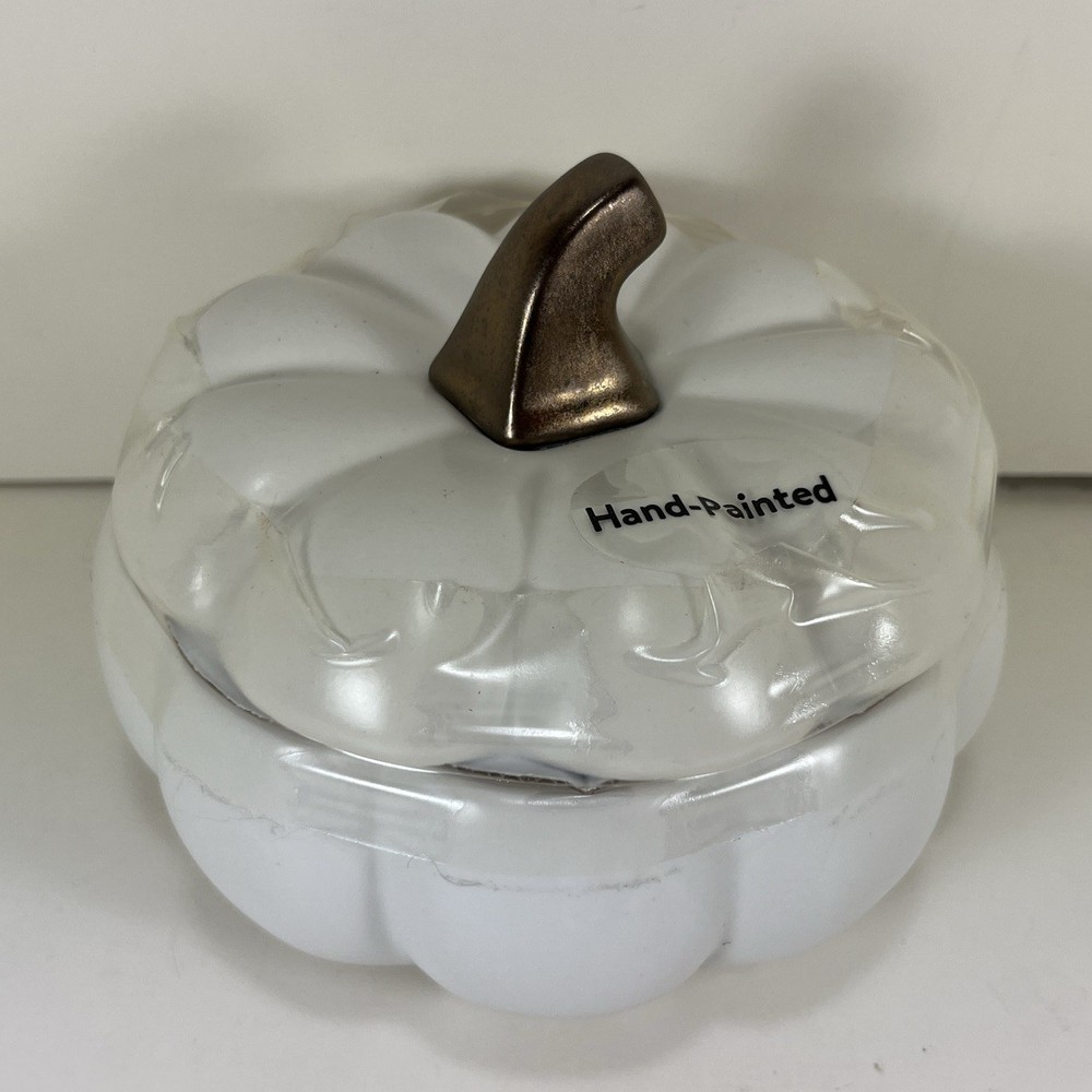 NEW Earthenware Figural PUMPKIN Medium Bowl CANDY JAR Bronze WHITE Thanksgiving
