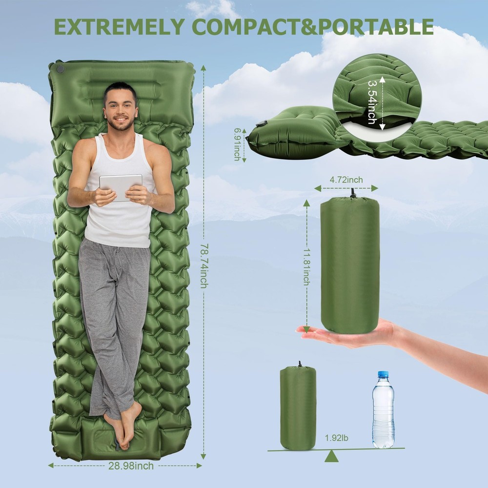 Sleeping Pad, Extra Thick & Ultralight Inflatable Sleeping Pad with Pillow, 3...
