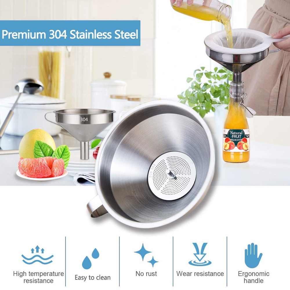 Stainless Steel Kitchen Funnel Set with Strainer 200 Mesh Filter for Bottles