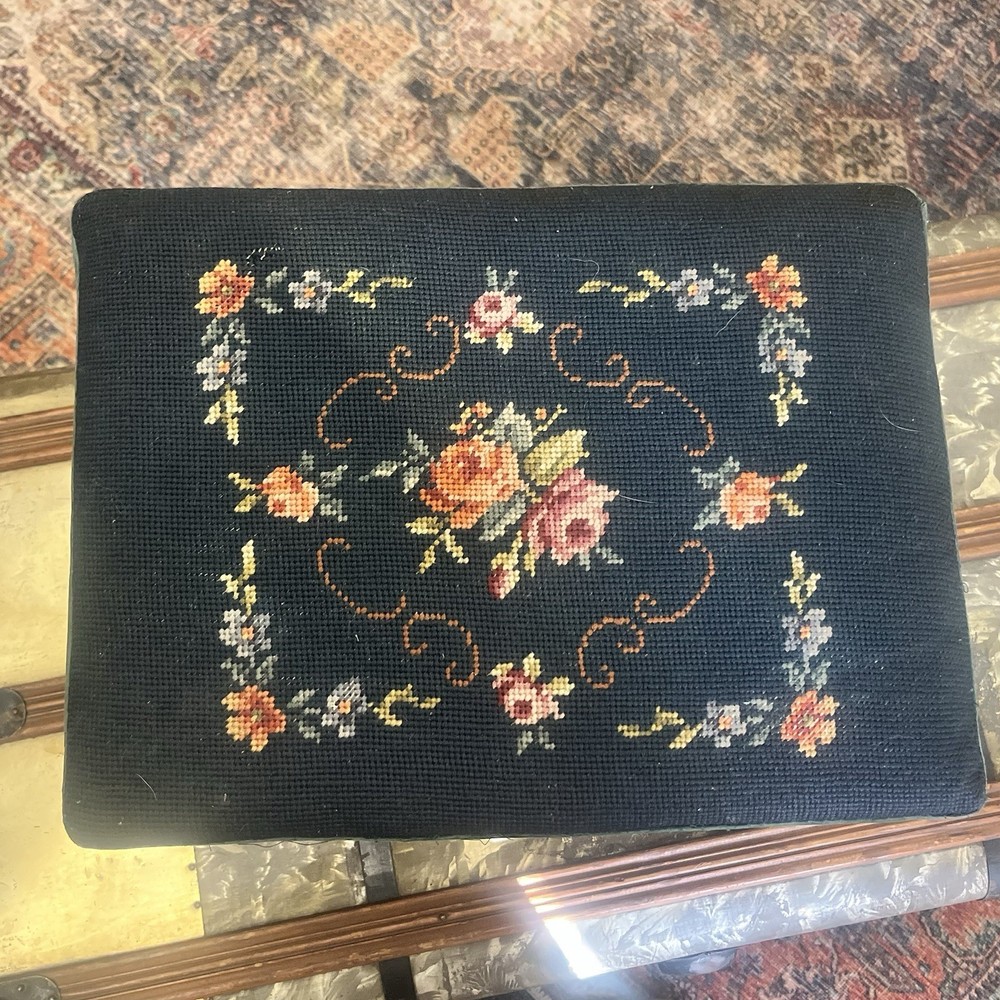 Vintage Floral Needlepoint Footstool Wool Rectangular Victorian w/ Flowers