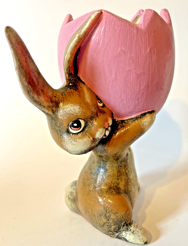 Easter Bunny Holding Fillable “Cracked” Egg Ceramic Figurine