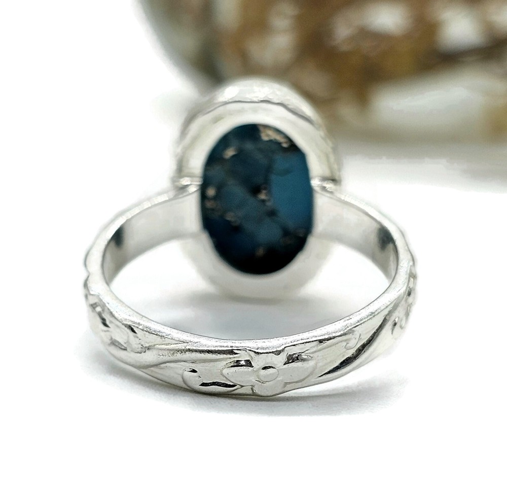 Blue Turquoise Ring, Size Q, Sterling Silver, Oval Shape, Copper Turquoise