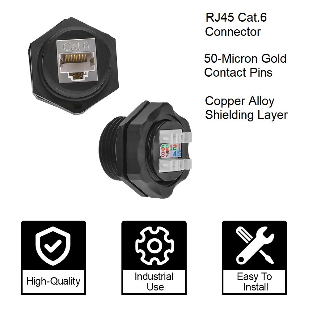 2 PACK - CAT6 RJ45 Shielded Water Resistant Industrial Panel Mount Bulkhead Jack