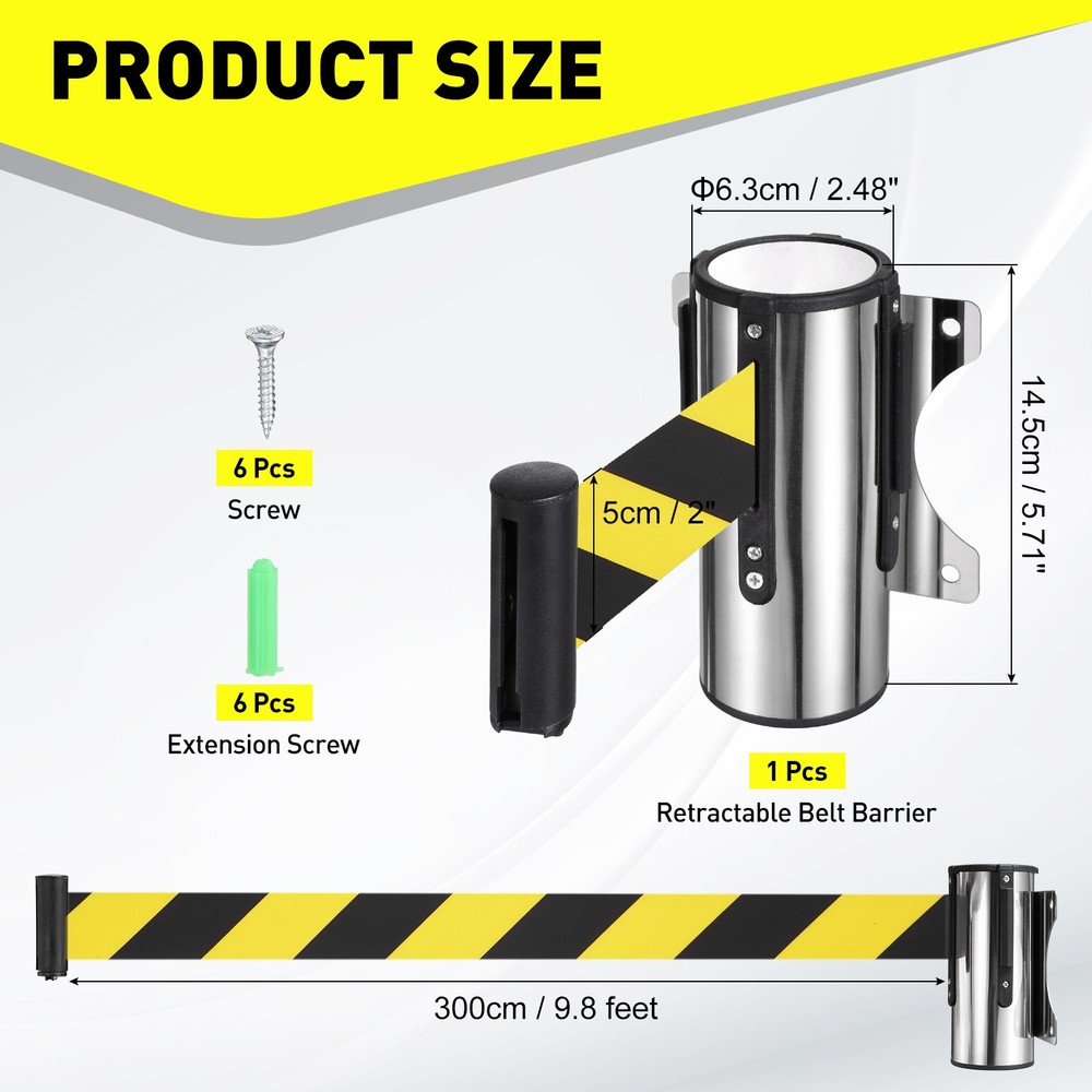 9.8 Foot Fixed Wall Mount Retractable Belt Barrier Set, Yellow / Black