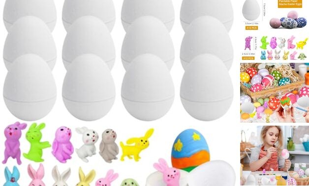 12 Pcs Paper Mache Easter Eggs with 12 Pcs Bunny, White Easter Craft Egg