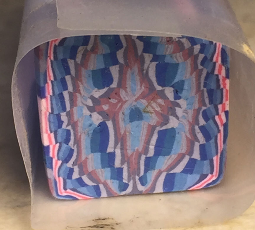 Bargello raw polymer clay cane, chunky blue and pink