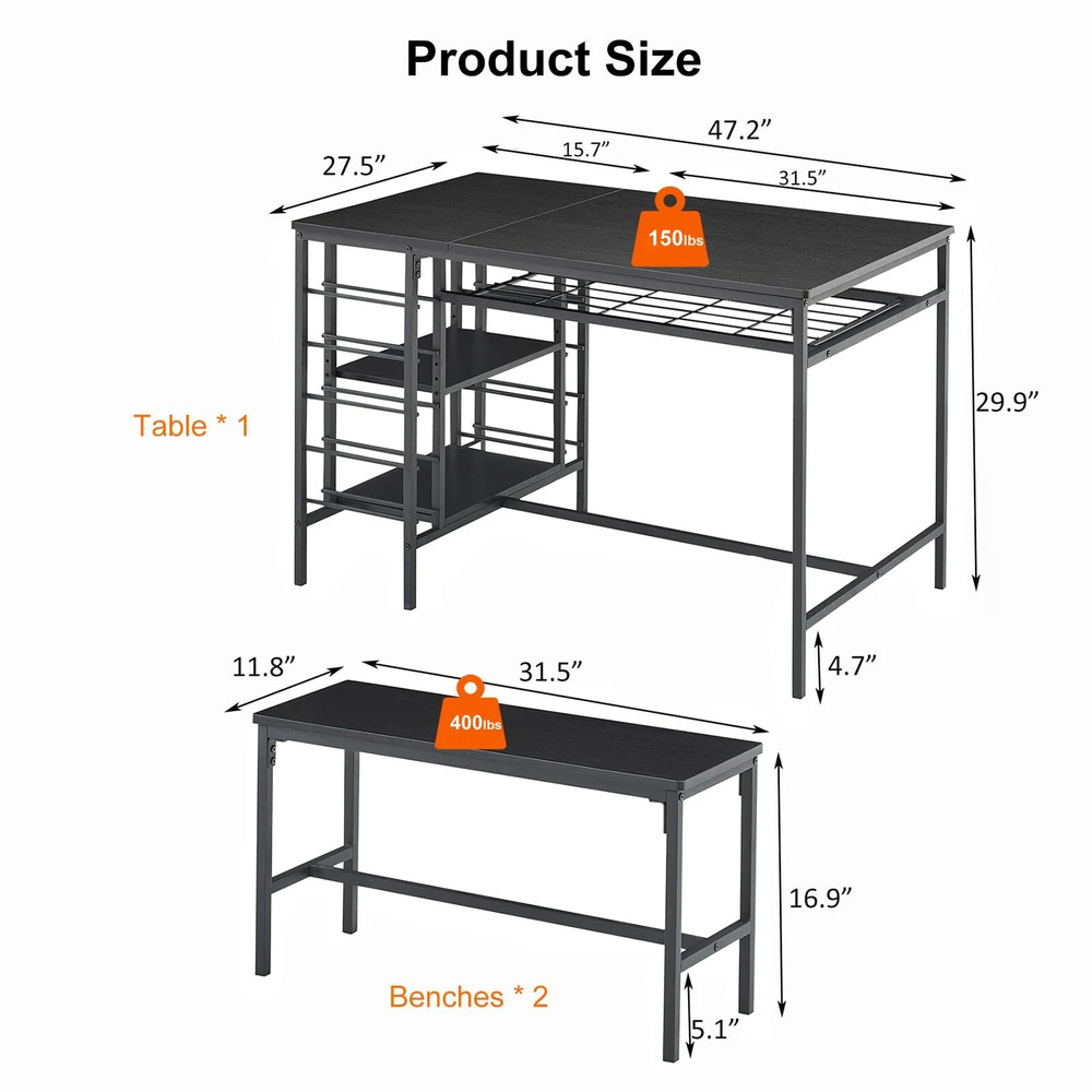Kitchen Dining Table Set Storage Racks Wine Shelf Space Saving 2 Benches Seats 4