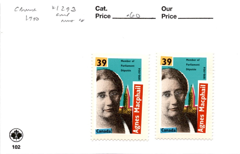 Canada, Postage Stamp, #1293 (2 Ea) Mint NH, 1990 Agnes Macphail (AB)