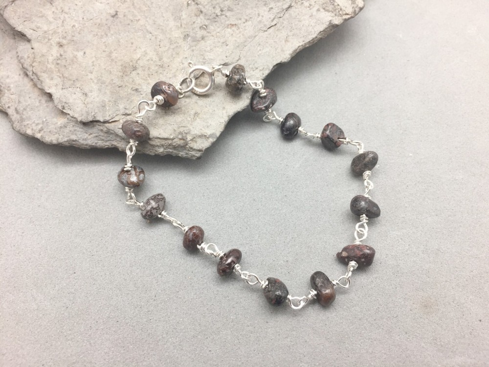 Fossil Dinosaur Bone Bead Bracelet Sterling Silver 7" Small Wrist Hand Made