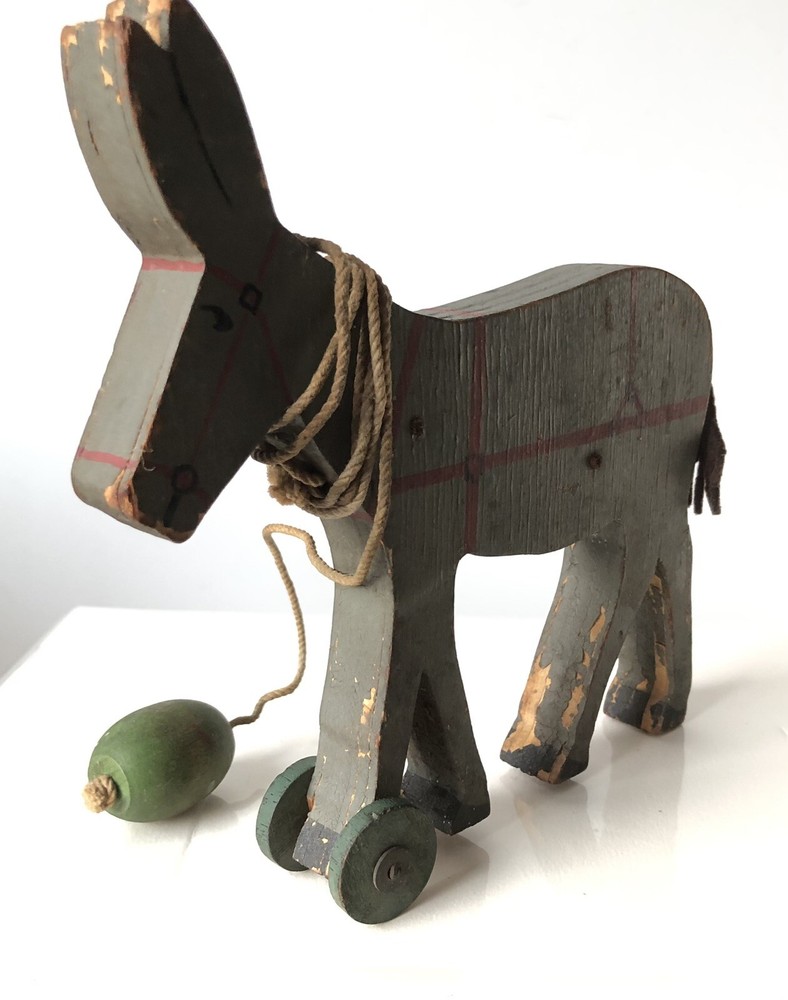 Vintage Folk Art Children Hand Painted Donkey Pull Toy
