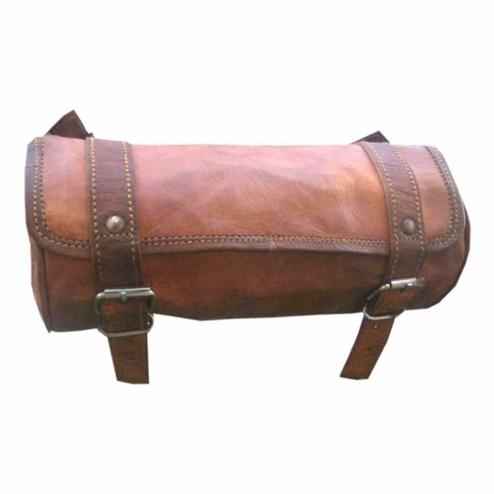 Motorcycle Brown Leather Front Fork Tool Bag Saddle Bag Storage Pouch Luggage Bg
