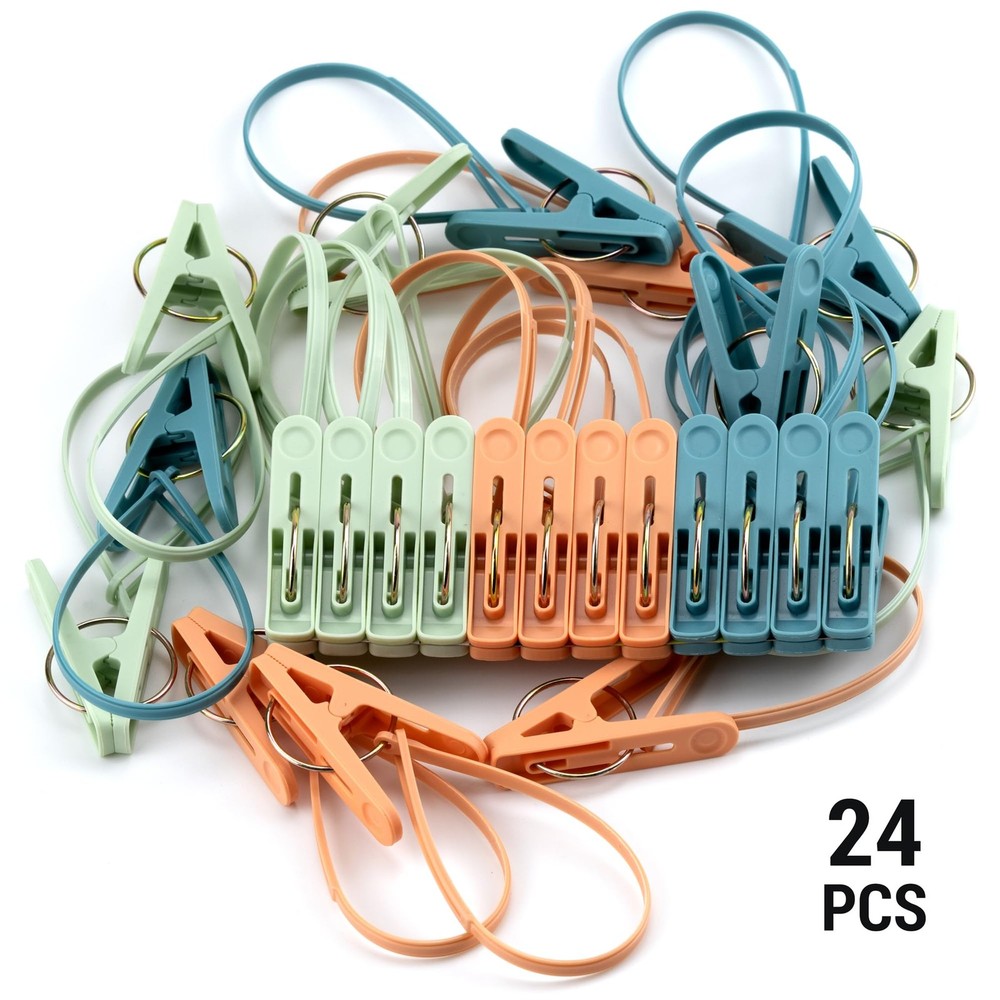 24-Pack Multicolor Windproof Plastic Clothespins with Rope for Clothesline