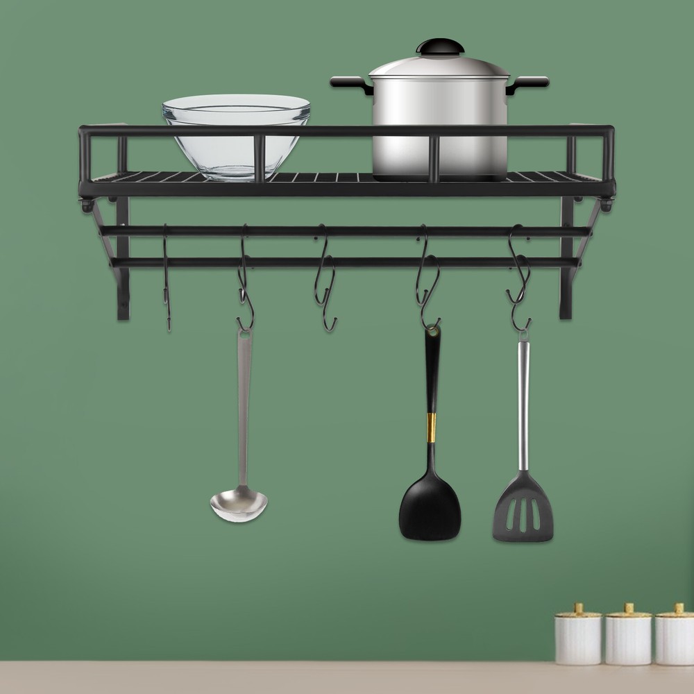 Kitchen Wall Mounted Storage Shelf Cookware Pan Pot Organizer Rack with 10 Hooks