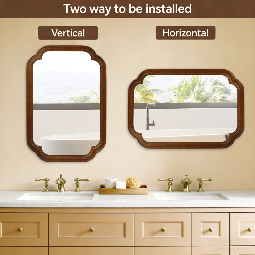 24x36 Solid Walnut Wall Mirror with Tempered Glass, Round Corner Art Deco
