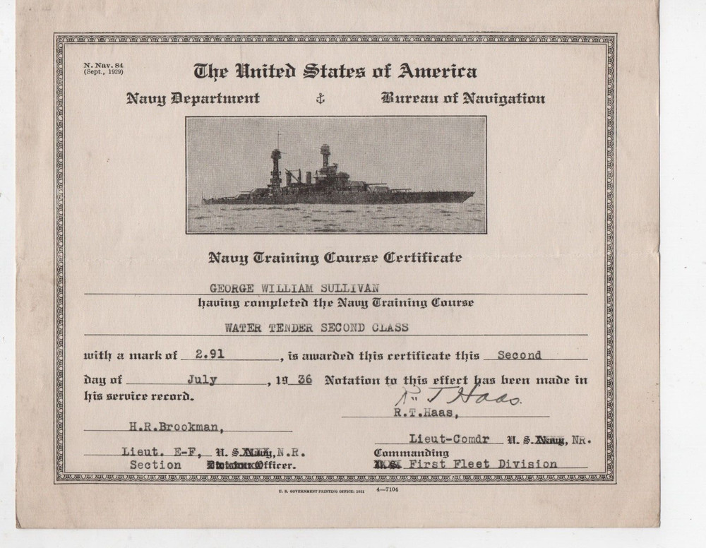 1936 US Navy Certificate for George Sullivan Water Tender 2nd Class