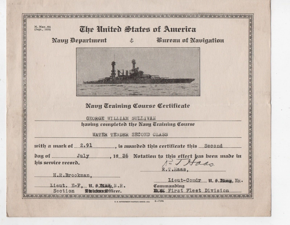 1936 US Navy Certificate for George Sullivan Water Tender 2nd Class