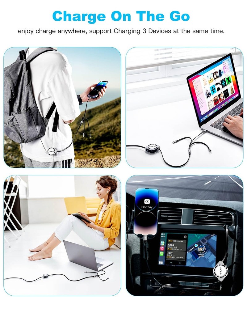 Multi Charging Cable 3A, [2Pack 4ft] Retractable 4 feet, Black,Gray