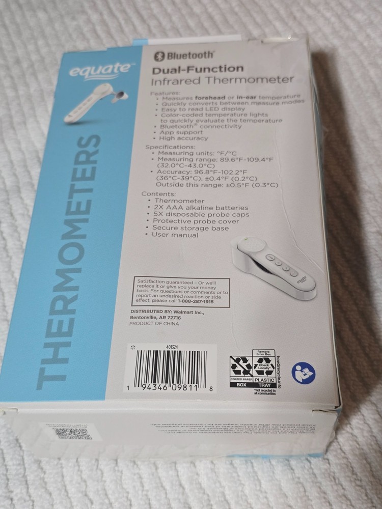 Equate Bluetooth Dual-Function Infrared Thermometer, Forehead and Ear Mode