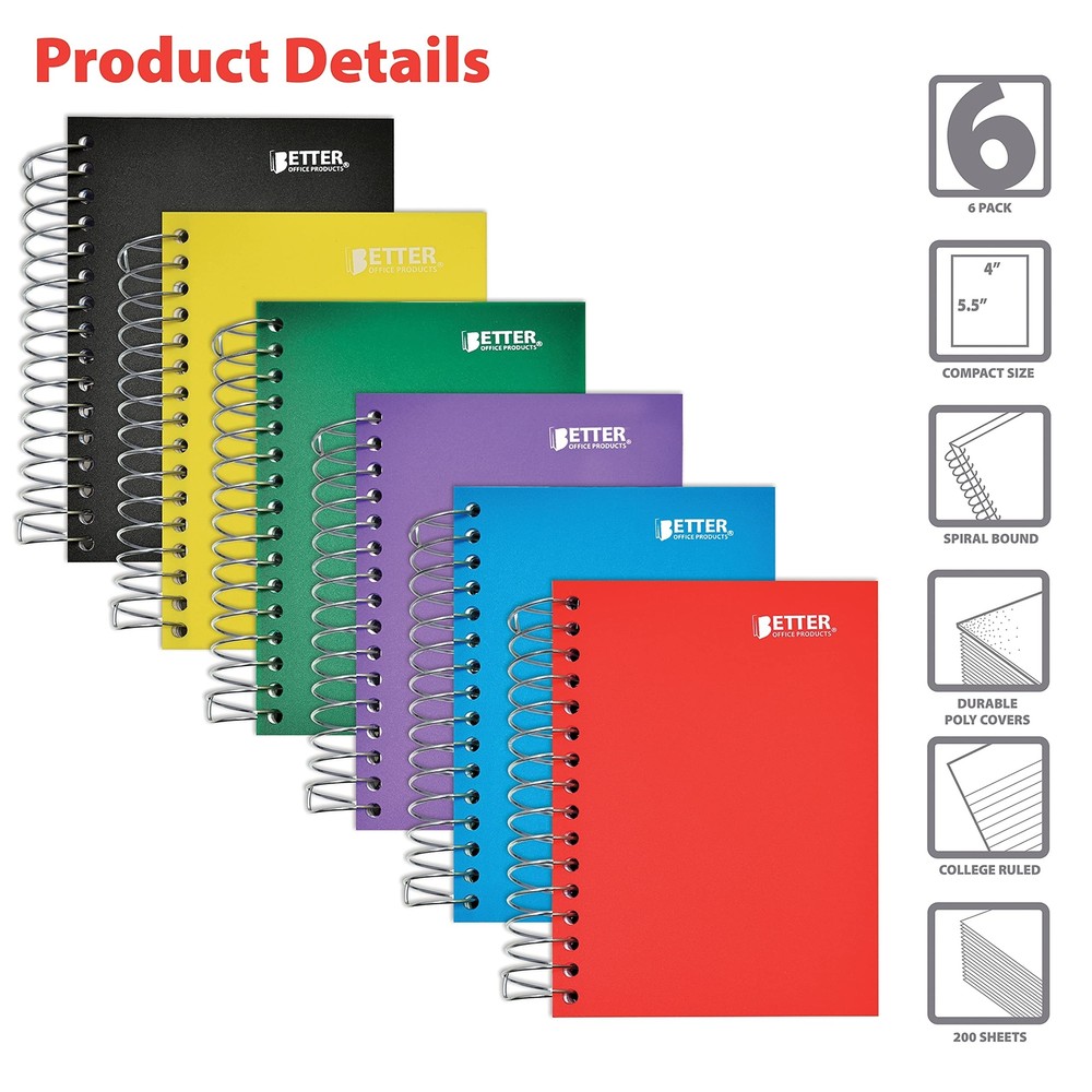 Better Office Products Fat Book Spiral Notebooks, 6 Pack, Small Notebooks wit...