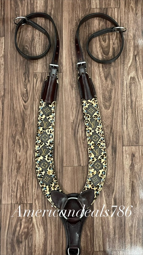 Western Brown Leather Pulling Breast Collar With Leopard Overlay & Studs