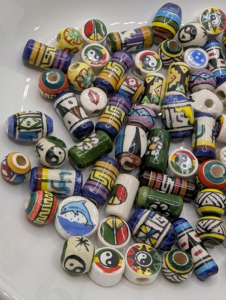 100 Hand Painted Vintage Mixed Ceramic Peruvian Inca Loose Beads. Same 100 Beads