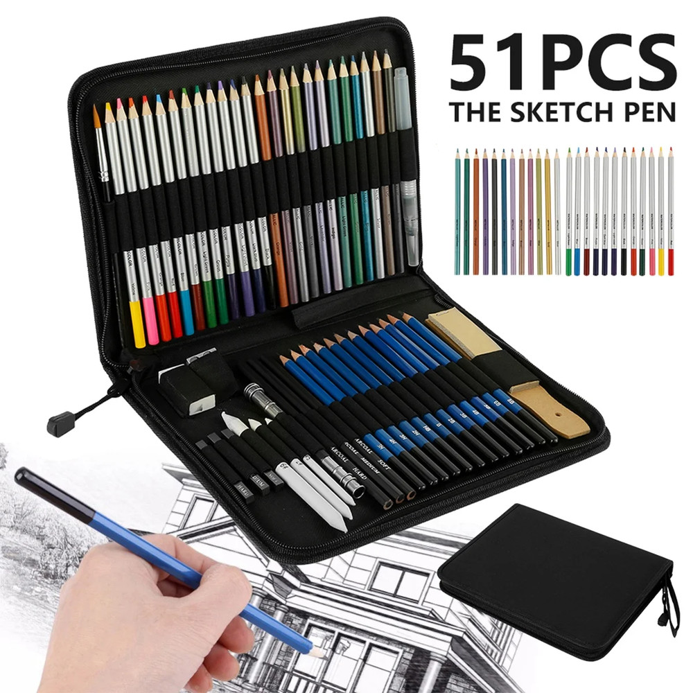 PENCIL DRAWING SET 51 Pieces Graphite and Colored Pencils