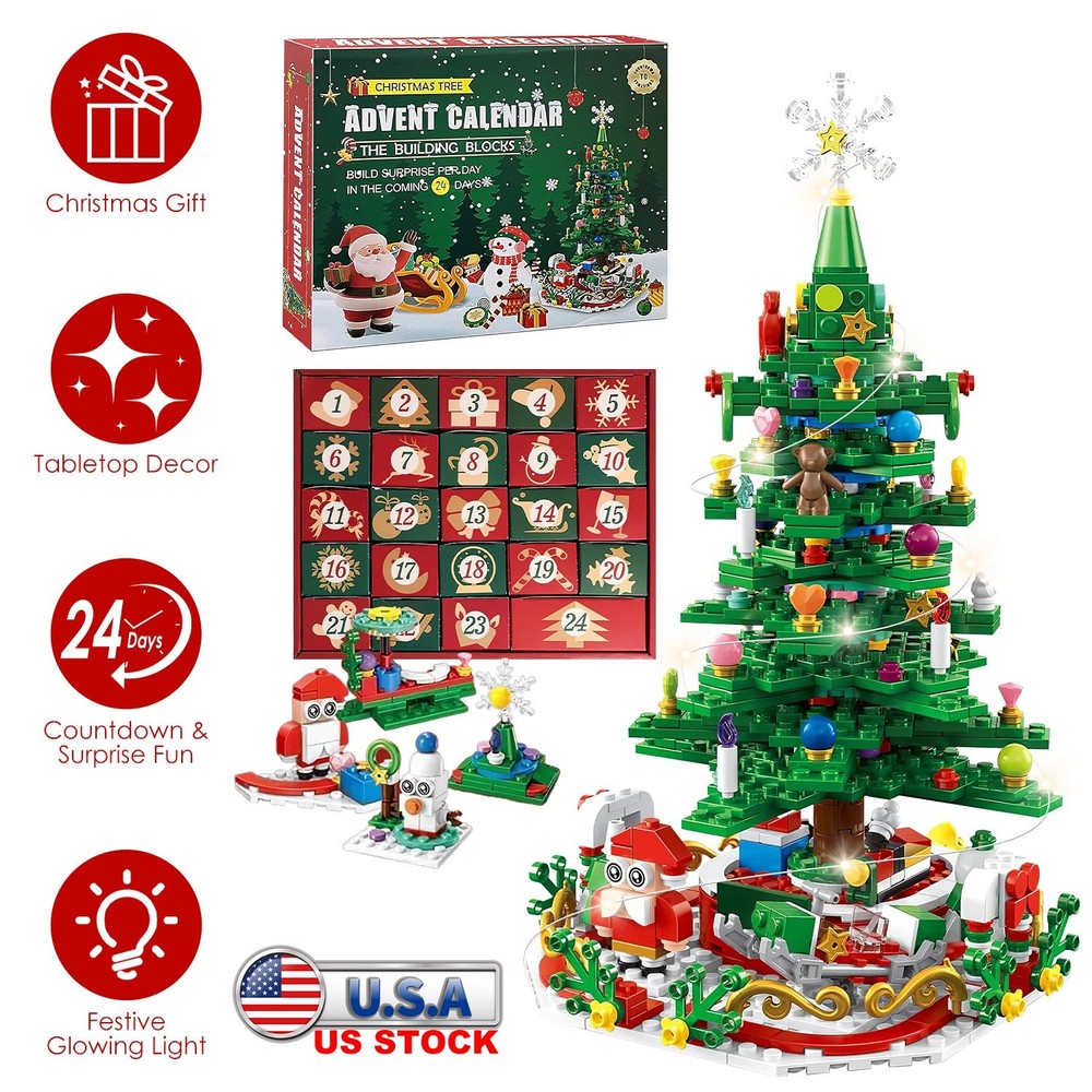 Christmas Tree Building Set W/ LED Light Festive Tabletop Countdown Calendar