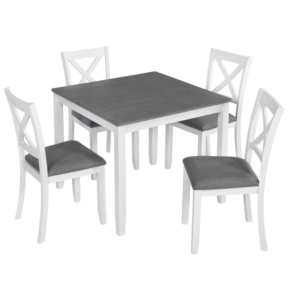 Modern 5 Piece Dining Table Set Wood Square Dining Table & 4 Chairs White & Gray