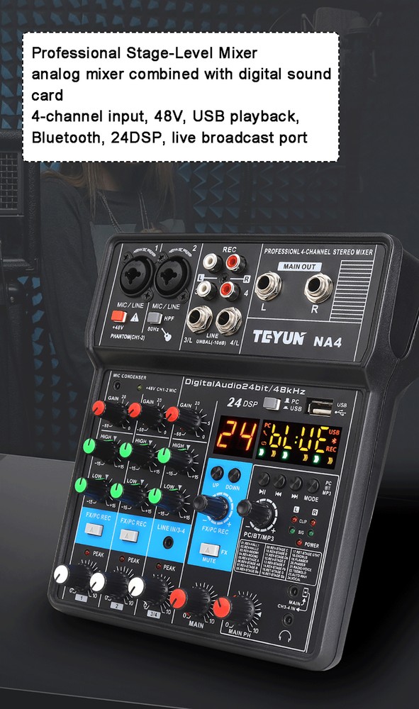 4-Channel Professional Audio Mixer with Bluetooth, USB & DSP Effects