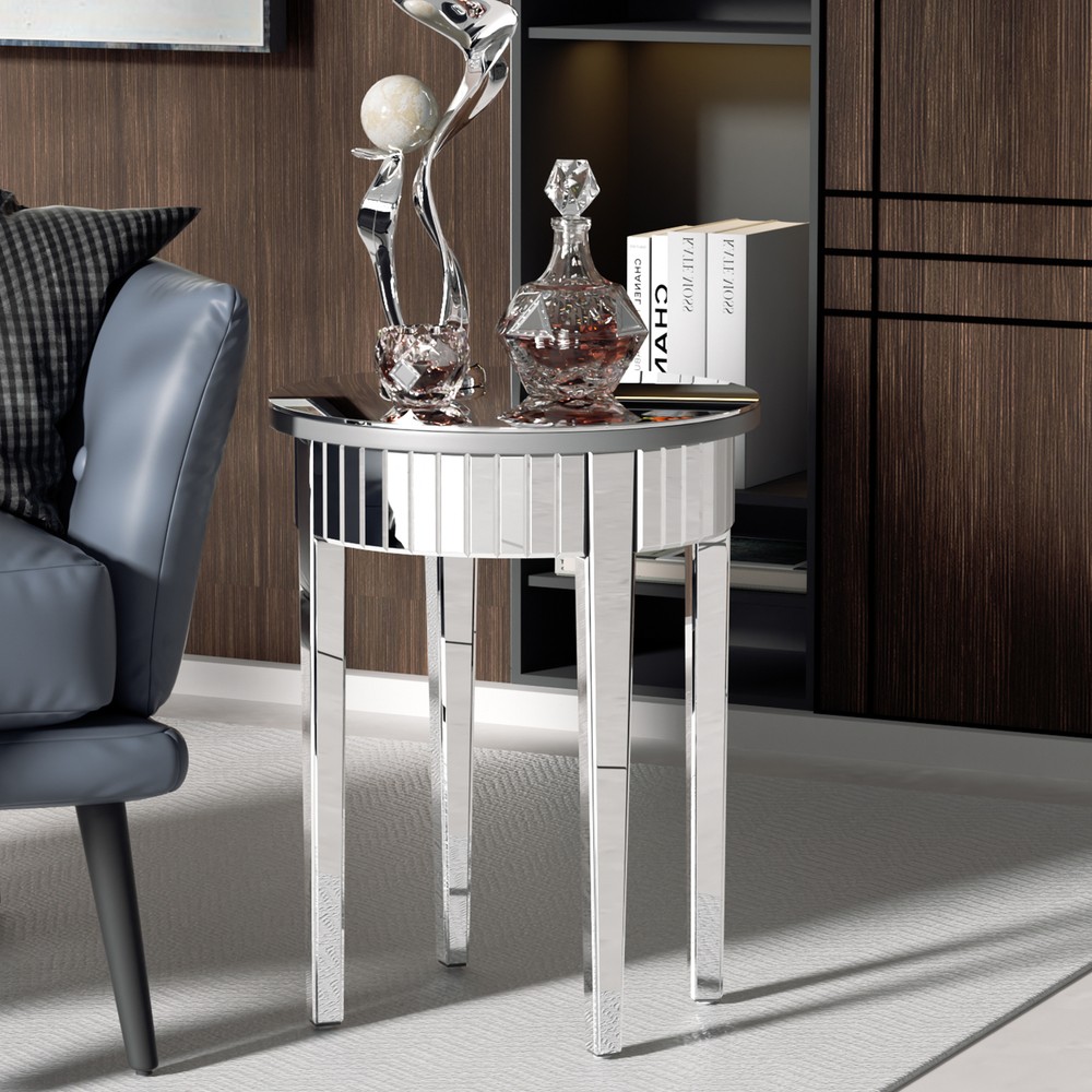 Modern Glam Glass Mirrored Round Silver Side Accent Table frameless Heavy Duty