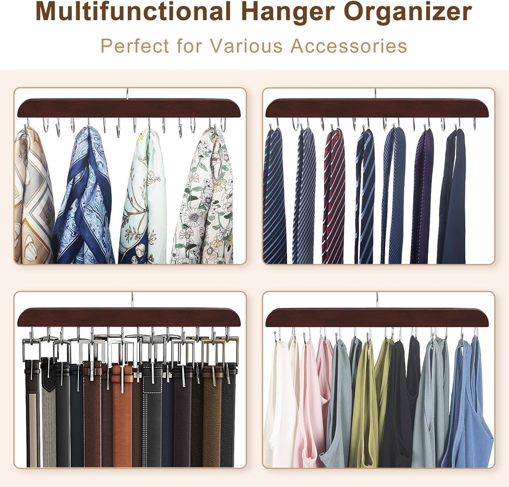 Compact Mahogany Belt Storage Solution with 14 Hooks – Elevate Your Closet Style