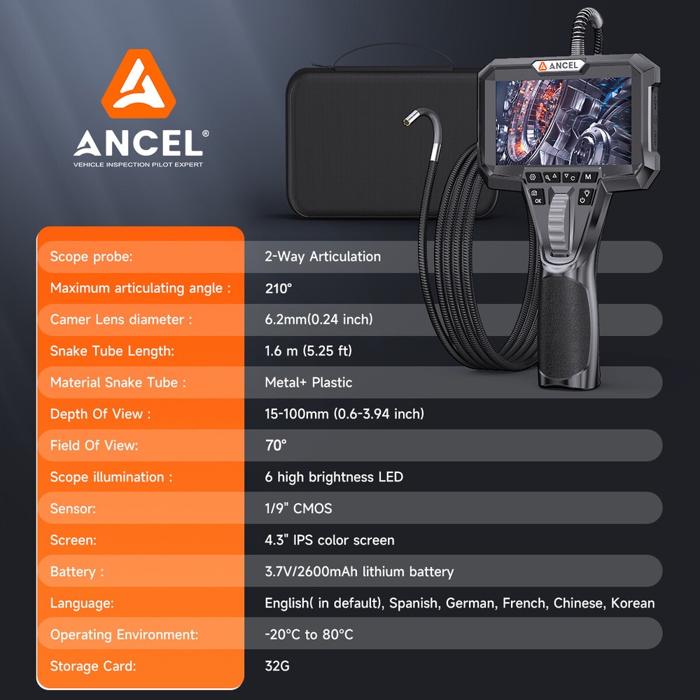 ANCEL AN301 Articulating Endoscope Camera 4.3'' Borescope Continuous Recording