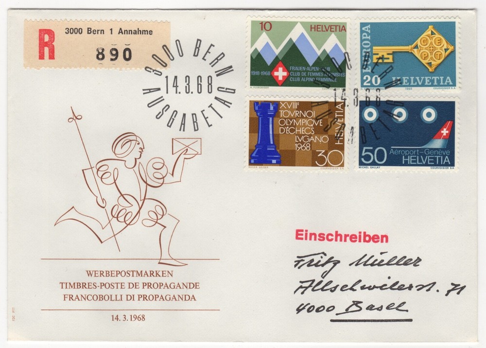 1968 Mar 14th. Registered First Day Cover. Various Swiss Issues.